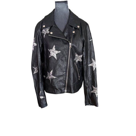 Torrid Plus Size Black Leather Jacket W/Silver Sequin Stars Asymmetrical Zipper - Picture 1 of 8